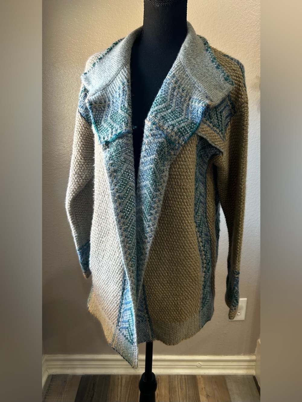 Cato Open-Front Cardigan in Taupe with Teal Accents Sz L Casual Southwestern